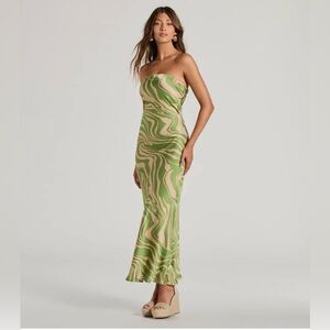 Dress Forum Green and Ivory Zebra Print Strapless Maxi Dress